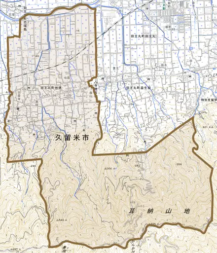 田主丸町地徳とその周辺の地図。町の範囲を重ねている