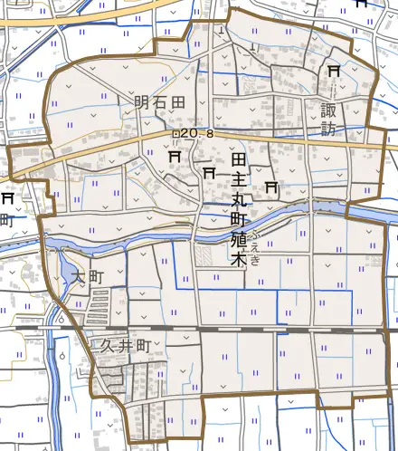 田主丸町殖木とその周辺の地図。町の範囲を重ねている