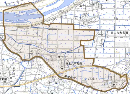 田主丸町船越とその周辺の地図。町の範囲を重ねている