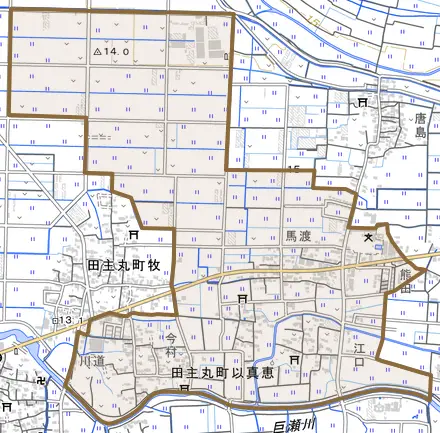 田主丸町以真恵とその周辺の地図。町の範囲を重ねている