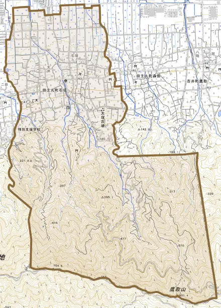 田主丸町石垣とその周辺の地図。町の範囲を重ねている