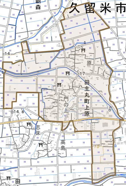 田主丸町上原とその周辺の地図。町の範囲を重ねている