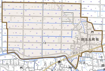 田主丸町牧とその周辺の地図。町の範囲を重ねている