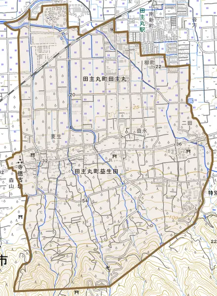 田主丸町益生田とその周辺の地図。町の範囲を重ねている