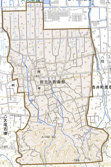 田主丸町森部とその周辺の地図。町の範囲を重ねている