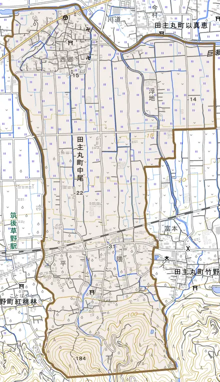田主丸町中尾とその周辺の地図。町の範囲を重ねている