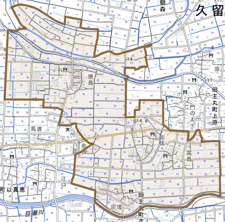 田主丸町志塚島とその周辺の地図。町の範囲を重ねている