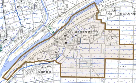 田主丸町菅原とその周辺の地図。町の範囲を重ねている