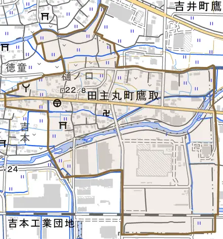 田主丸町鷹取とその周辺の地図。町の範囲を重ねている