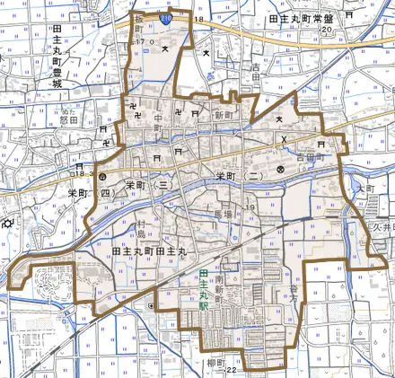 田主丸町田主丸とその周辺の地図。町の範囲を重ねている