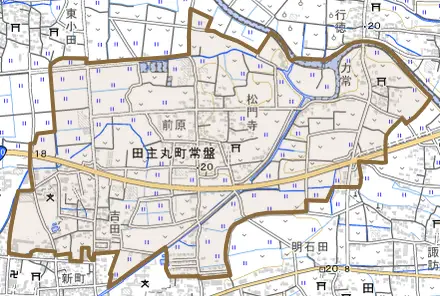 田主丸町常盤とその周辺の地図。町の範囲を重ねている