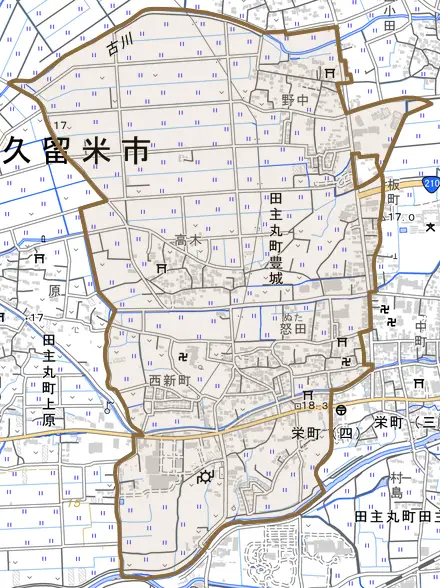 田主丸町豊城とその周辺の地図。町の範囲を重ねている