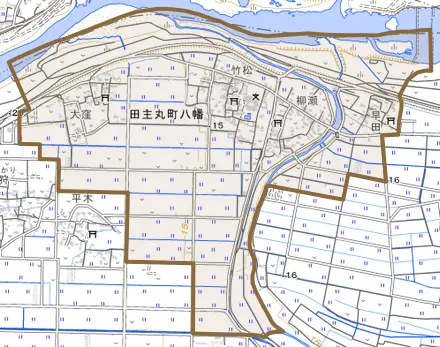 田主丸町八幡とその周辺の地図。町の範囲を重ねている