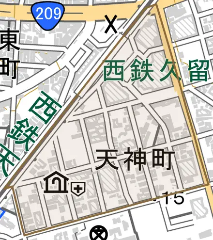 天神町とその周辺の地図。町の範囲を重ねている