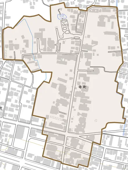 寺町とその周辺の地図。町の範囲を重ねている