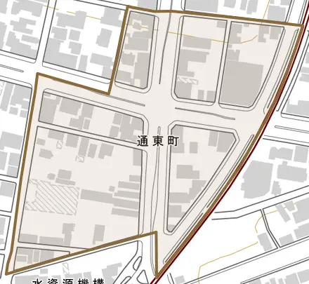 通東町とその周辺の地図。町の範囲を重ねている