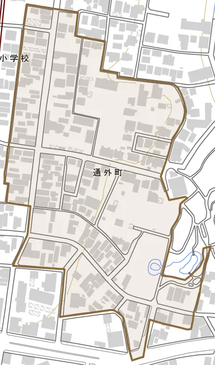 通外町とその周辺の地図。町の範囲を重ねている