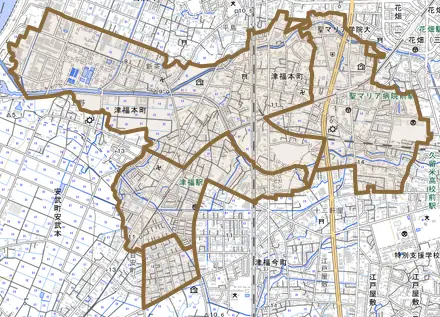 津福本町とその周辺の地図。町の範囲を重ねている