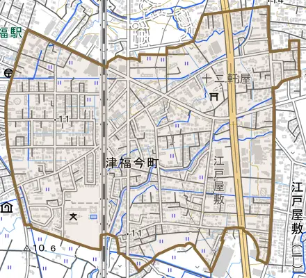 津福今町とその周辺の地図。町の範囲を重ねている