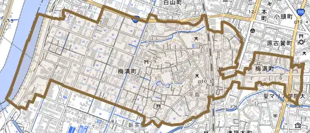 梅満町とその周辺の地図。町の範囲を重ねている