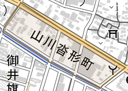 山川沓形町とその周辺の地図。町の範囲を重ねている