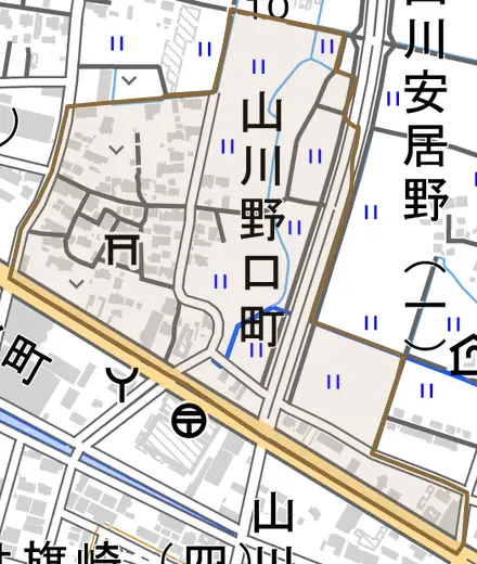 山川野口町とその周辺の地図。町の範囲を重ねている