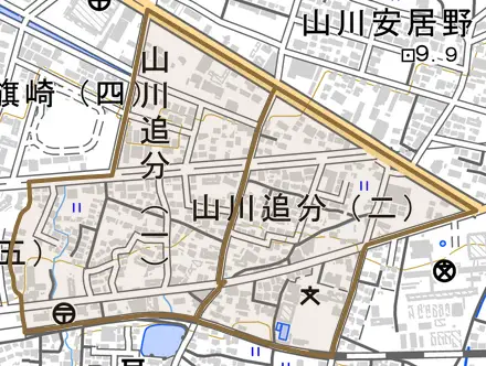 山川追分とその周辺の地図。町の範囲を重ねている