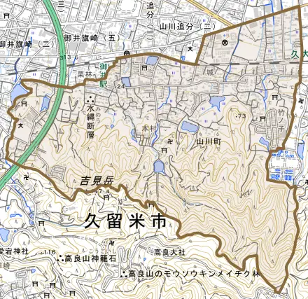山川町とその周辺の地図。町の範囲を重ねている