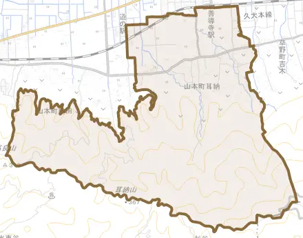山本町耳納とその周辺の地図。町の範囲を重ねている