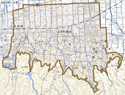 山本町豊田とその周辺の地図。町の範囲を重ねている