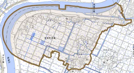 安武町武島とその周辺の地図。町の範囲を重ねている