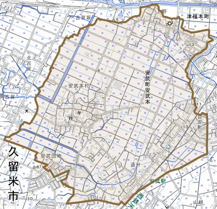 安武町安武本とその周辺の地図。町の範囲を重ねている