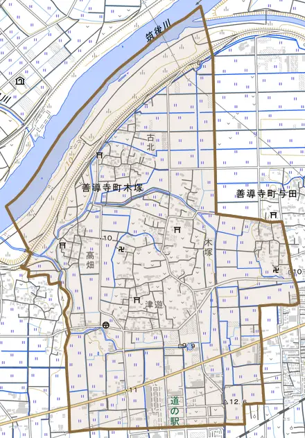 善導寺町木塚とその周辺の地図。町の範囲を重ねている