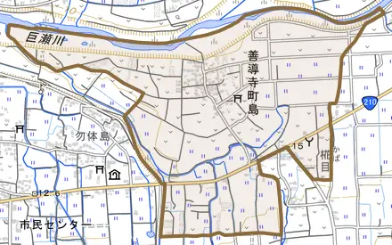 善導寺町島とその周辺の地図。町の範囲を重ねている