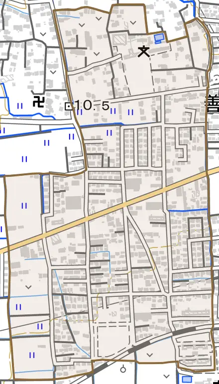 善導寺町与田とその周辺の地図。町の範囲を重ねている