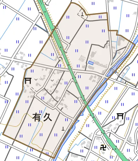 有久とその周辺の地図。町の範囲を重ねている