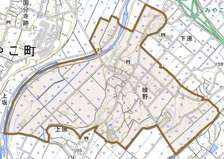 綾野とその周辺の地図。町の範囲を重ねている