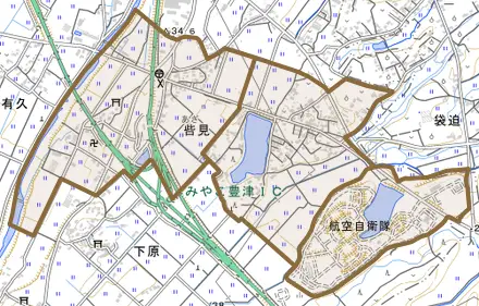 呰見とその周辺の地図。町の範囲を重ねている