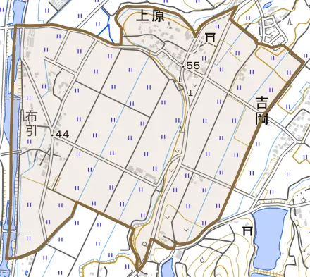 上原とその周辺の地図。町の範囲を重ねている