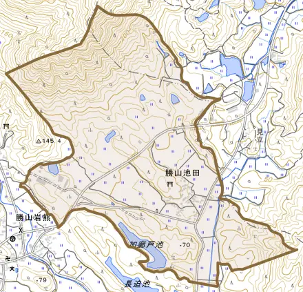 勝山池田とその周辺の地図。町の範囲を重ねている