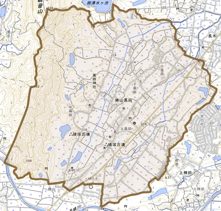 勝山黒田とその周辺の地図。町の範囲を重ねている