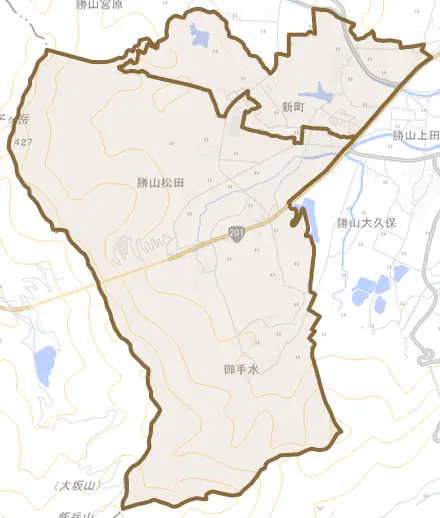 勝山松田とその周辺の地図。町の範囲を重ねている