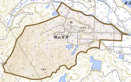 勝山宮原とその周辺の地図。町の範囲を重ねている