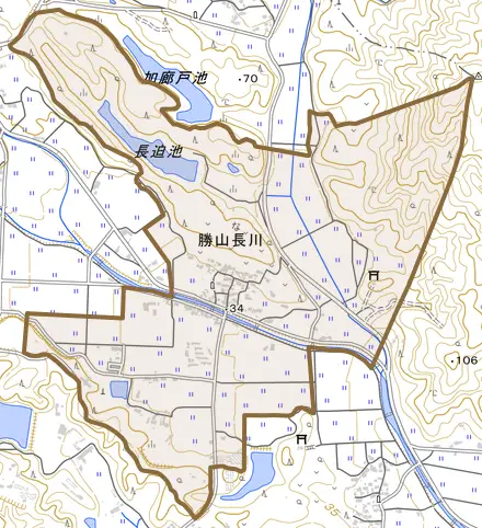 勝山長川とその周辺の地図。町の範囲を重ねている