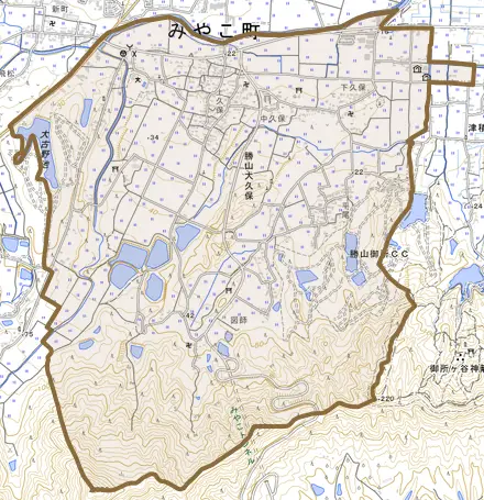 勝山大久保とその周辺の地図。町の範囲を重ねている