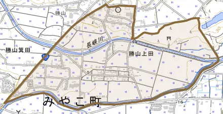 勝山上田とその周辺の地図。町の範囲を重ねている