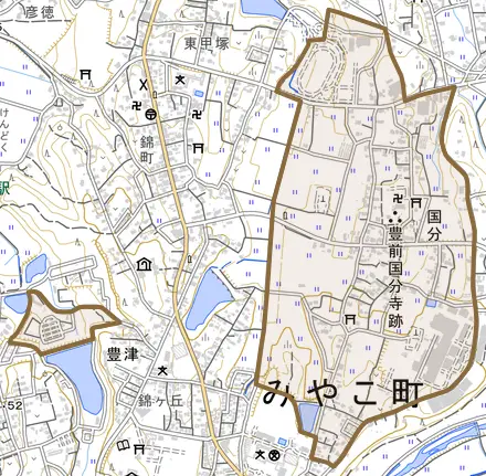 国分とその周辺の地図。町の範囲を重ねている