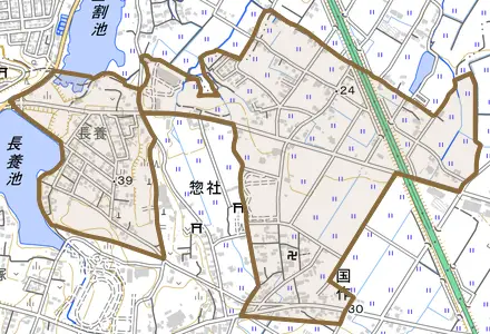 国作とその周辺の地図。町の範囲を重ねている
