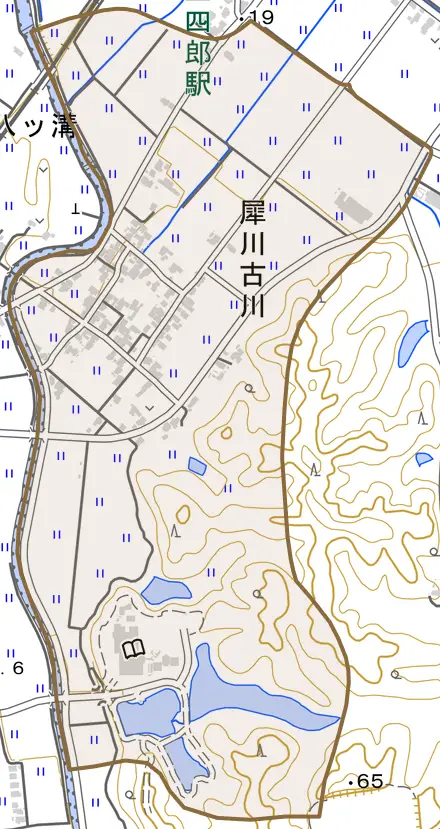 犀川古川とその周辺の地図。町の範囲を重ねている