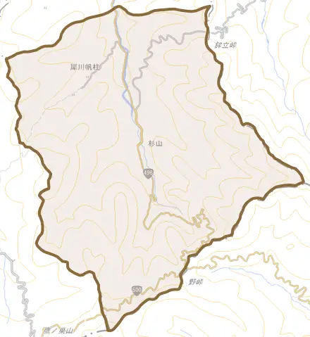 犀川帆柱とその周辺の地図。町の範囲を重ねている